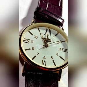 Cambridge Analog Wristwatch Round White Face Brown Buckle Band Roman Numerals